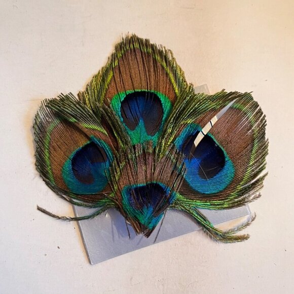 Icing NWT Natural Peacock Feathers Fascinator Long Hair Clip Blue Green Bridal - Picture 1 of 4